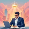 Profesjonalny mężczyzna w garniturze pracujący na laptopie z otwartą książką przy biurku, na tle bajkowego miasta z wieżami kościołów i świecącą koroną, cyfrowa ilustracja w różowych i pomarańczowych kolorach zachodu słońca
